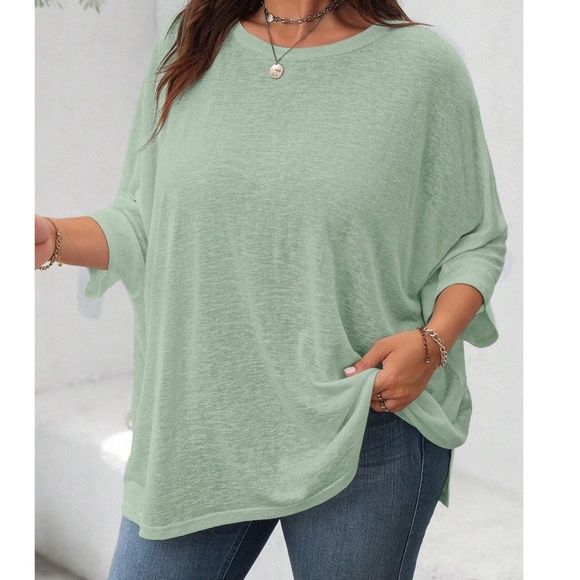 Plus Solid Crew Neck Batwing Sleeve Loose Fit Top - Picture 3 of 6